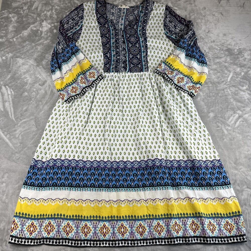 Reborn J Boho Dress Womens 1X Colorful Pattern Button Front Flowy Elephant(1003)